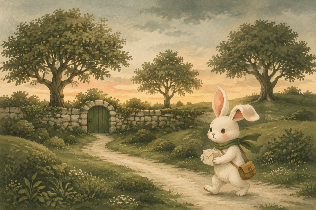 A rabbit courier taking a parcel through a quiet orchard